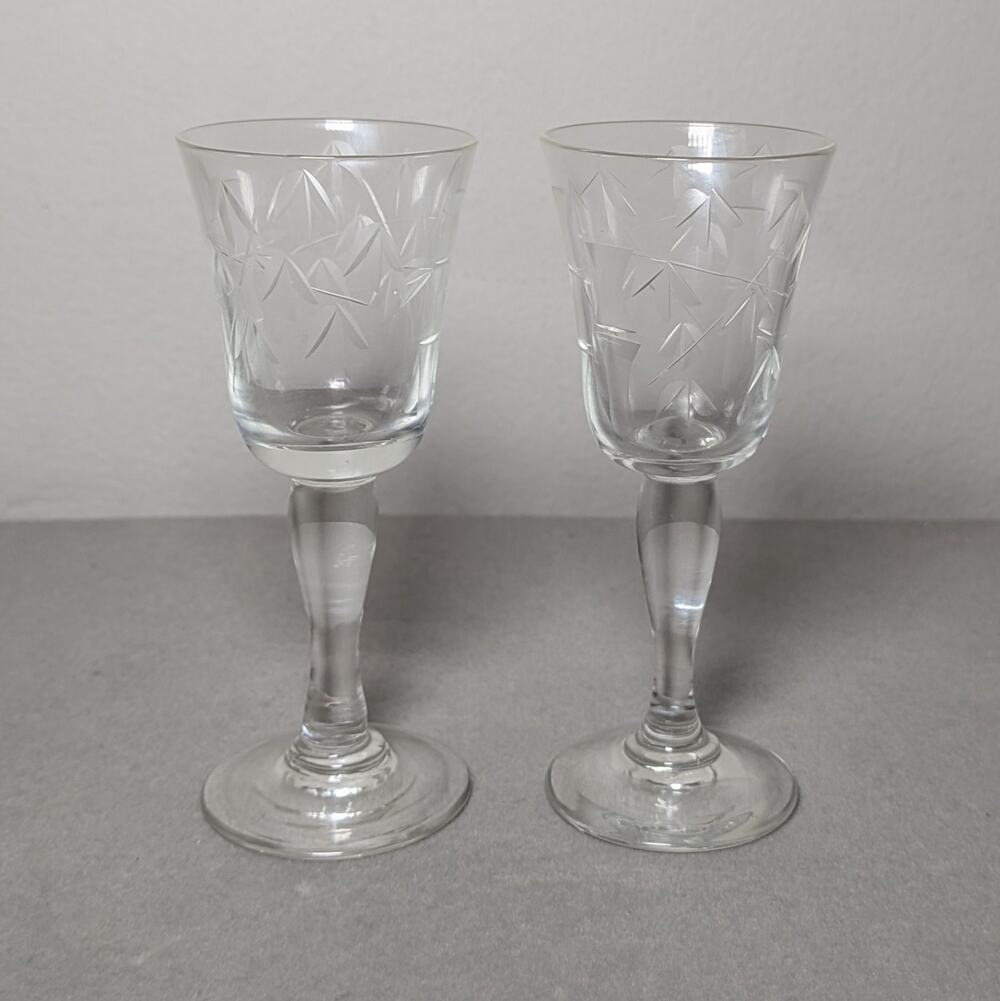 Vintage 1950s Sasaki Noritake Bamboo Etched Crystal Cordial Glasses Set of 2 MCM